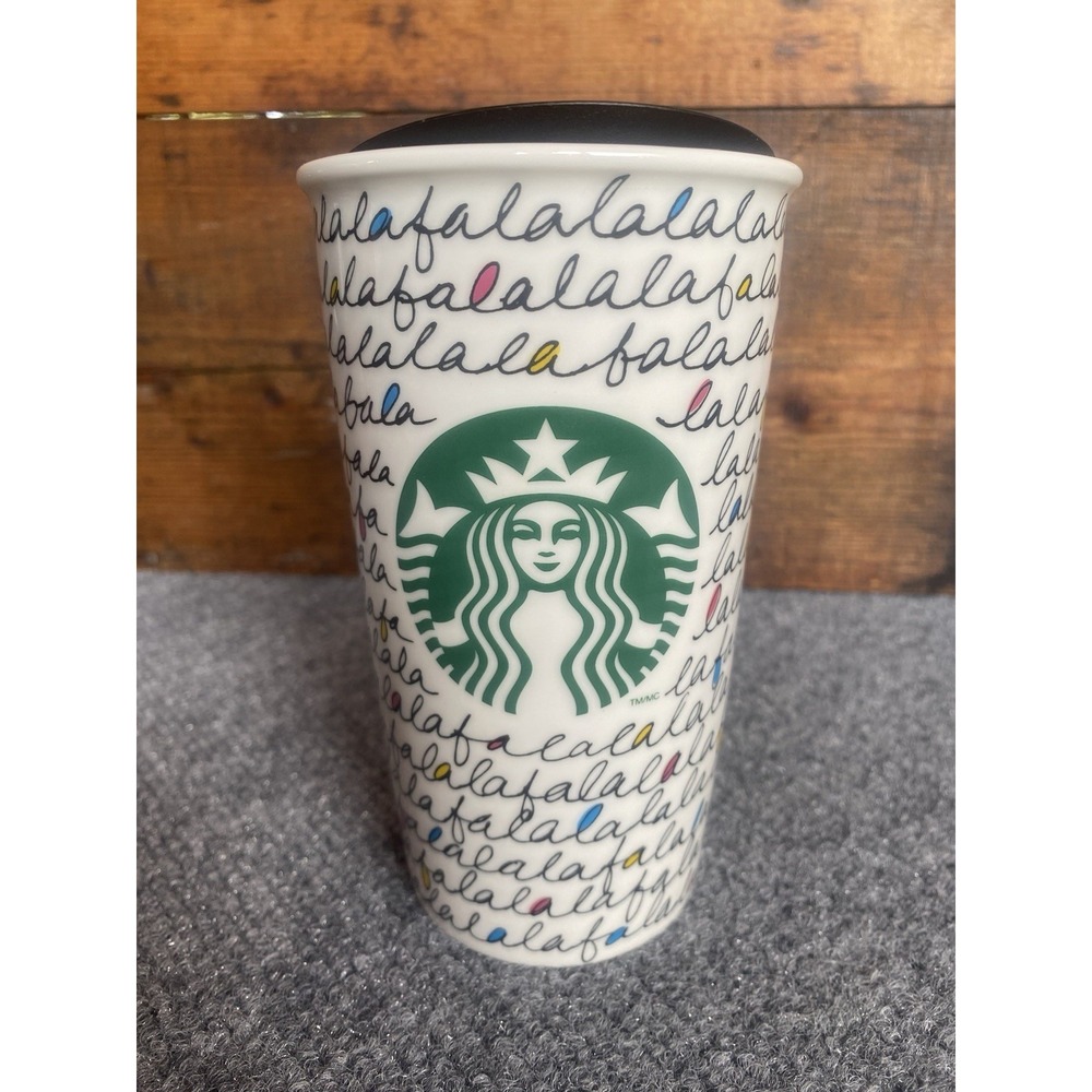 Starbucks 2011 FaLaLa Holiday Ceramic Mug Travel Tumbler 12 oz Coffee Cup w/Lid